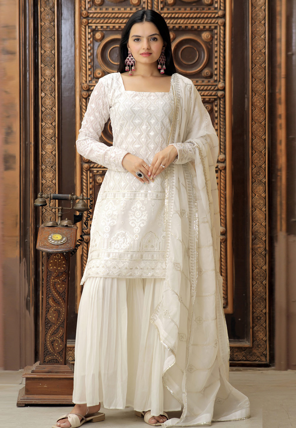 Off White Faux Georgette Readymade Sharara Suit 267222