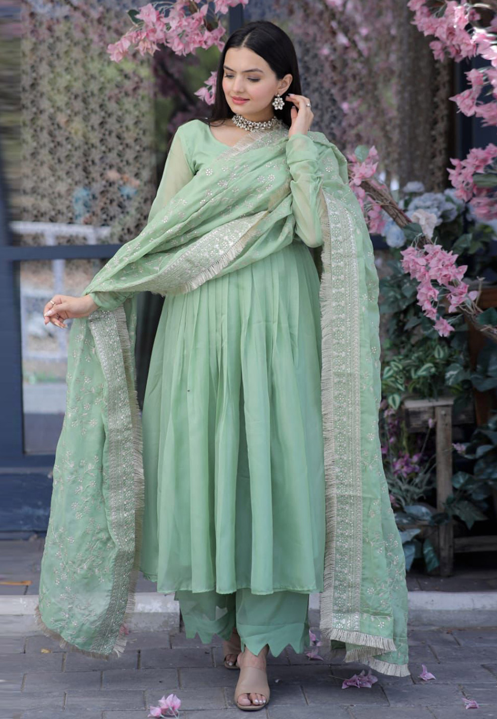 Sea Green Silk Readymade Pakistani Suit 267726