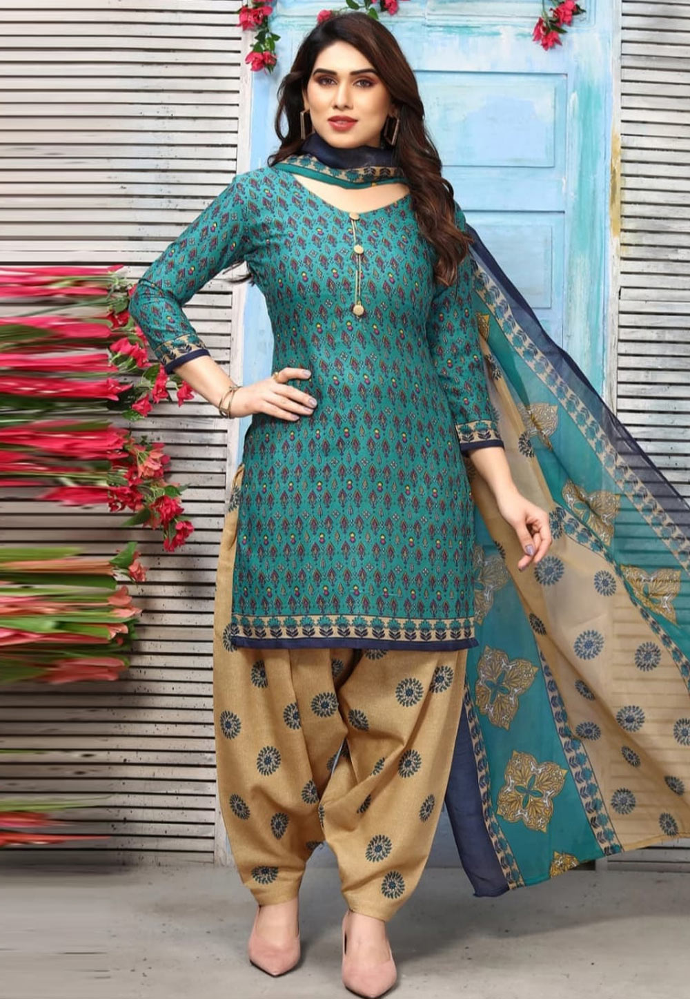 Teal Cotton Patiala Suit 268442