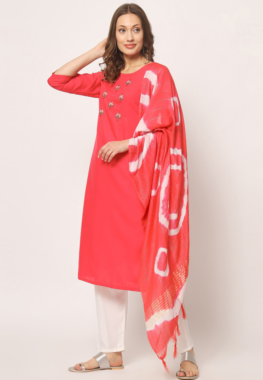 Red Rayon Readymade Pant Style Suit 273564