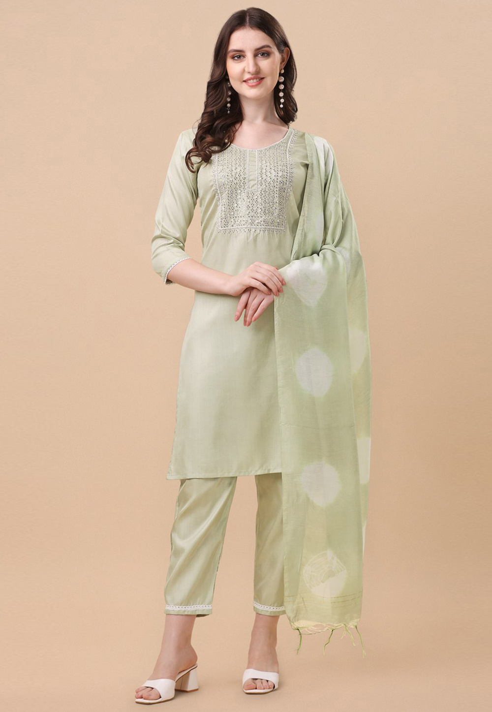 Pista Green Silk Readymade Pakistani Suit 273461