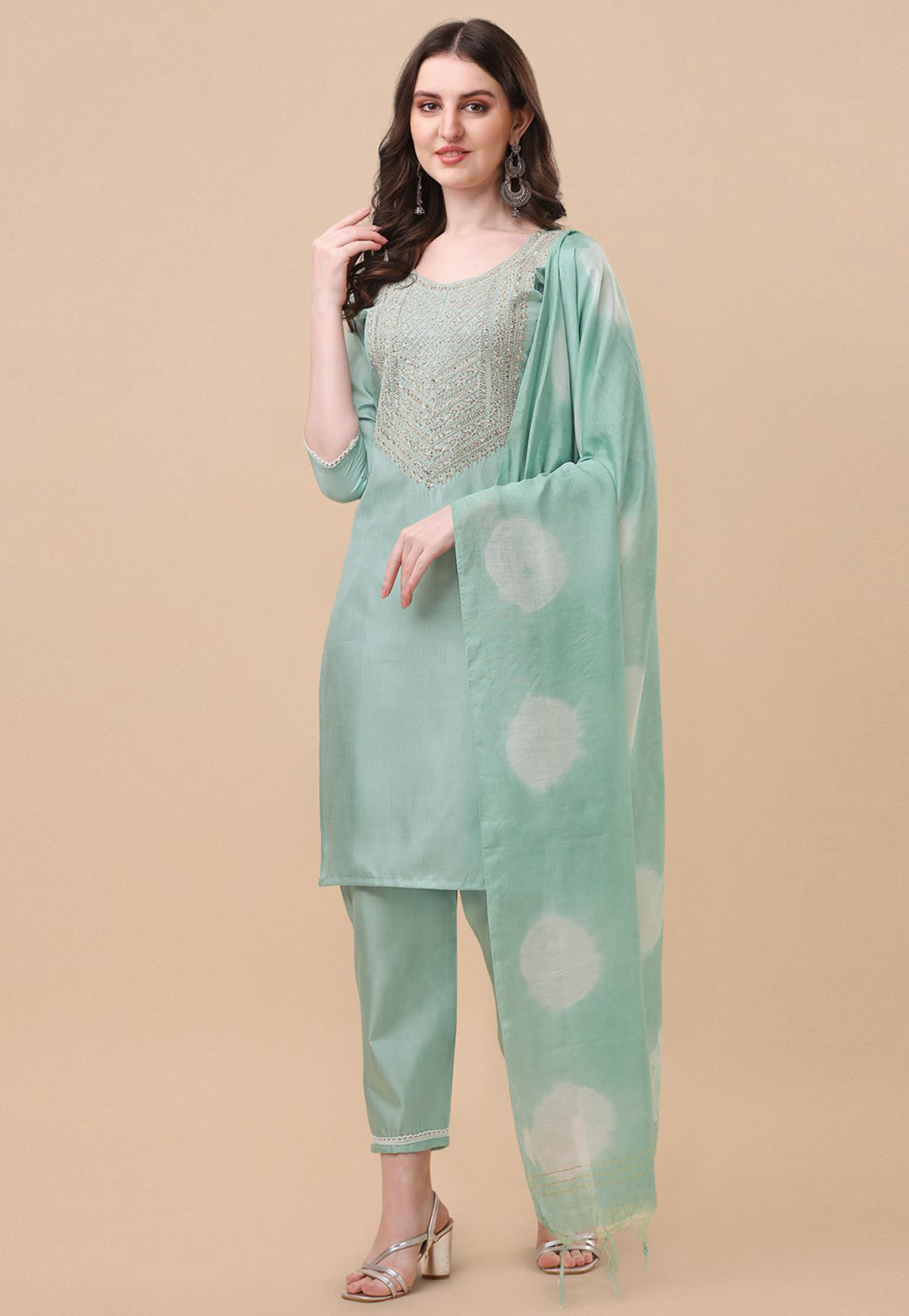 Sea Green Silk Readymade Pant Style Suit 273462