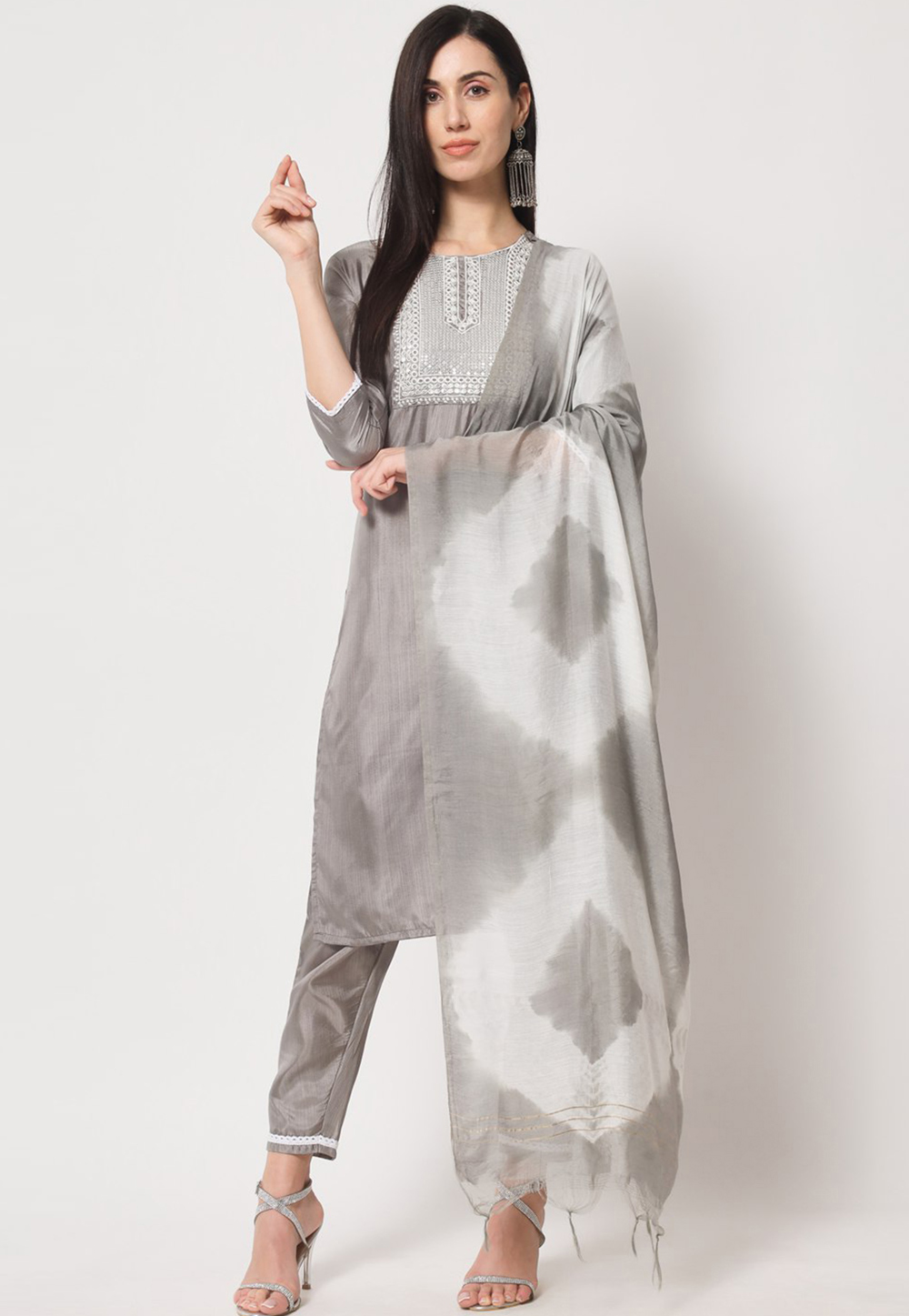Grey Women's Art Silk Kurti Set with Pant and Dupatta - Perfect for Festive  Season