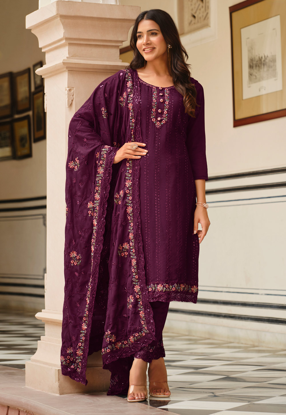 Purple Chinon Readymade Pant Style Suit 273538