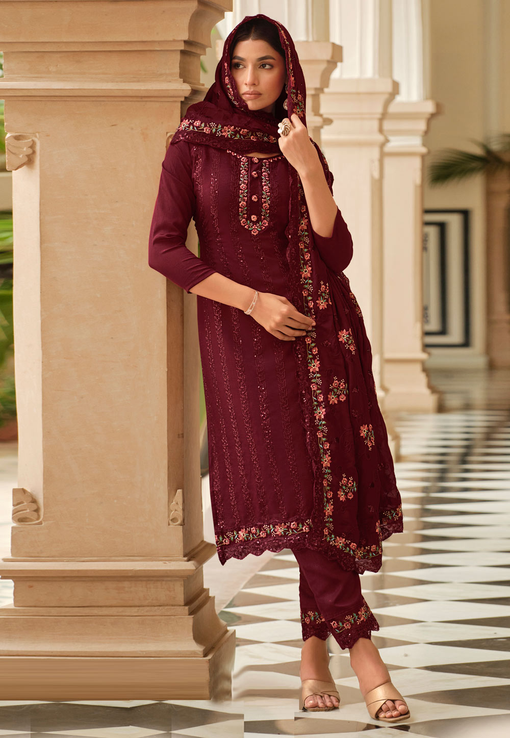 Maroon Chinon Readymade Pant Style Suit 273540