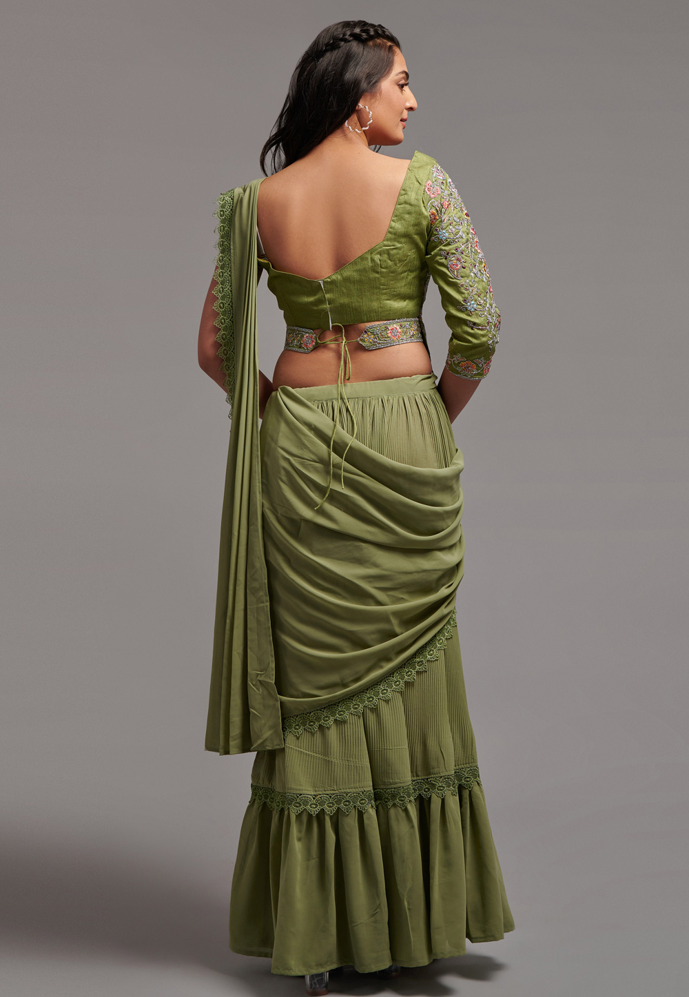 Buy Deep Green Milano Satin Saree With V Neck Embroidered Crop Top