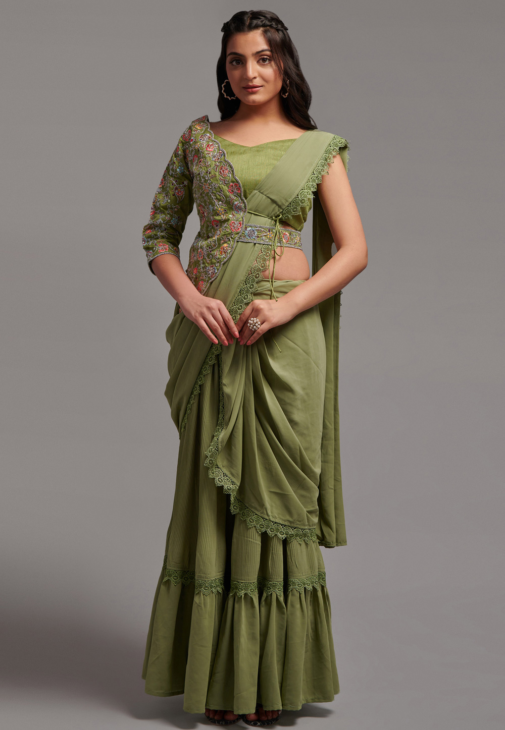 Mehndi Georgette Plain Saree With Designer Blouse 274783