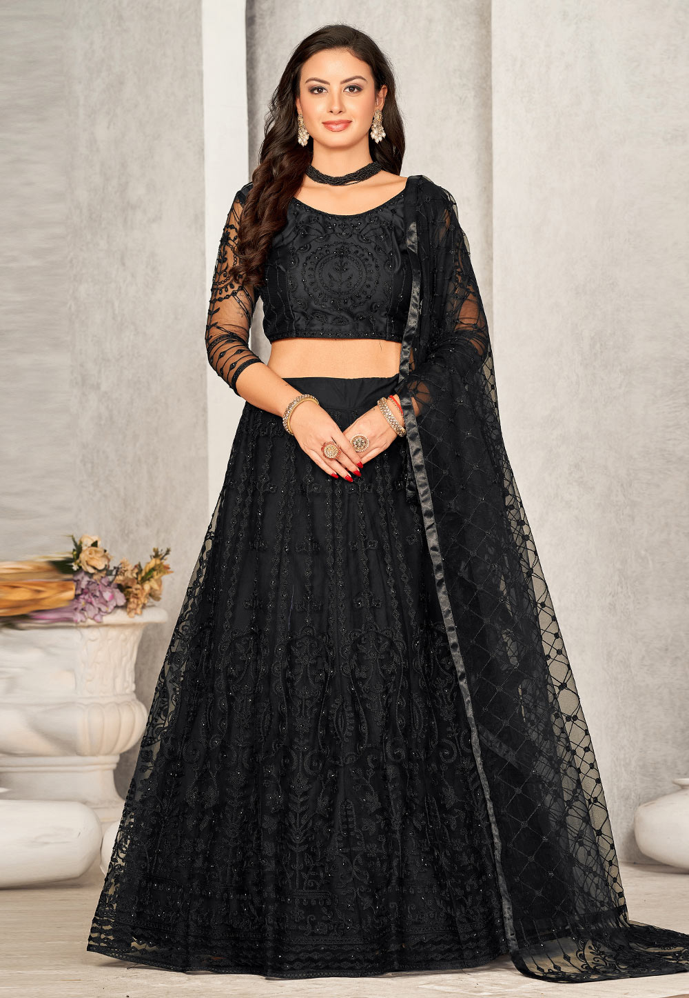 Buy Black Lehenga Choli In Georgette With Floral Print, Woven Motifs And  Mirror Abla Embroidery Online - Kalki Fashion