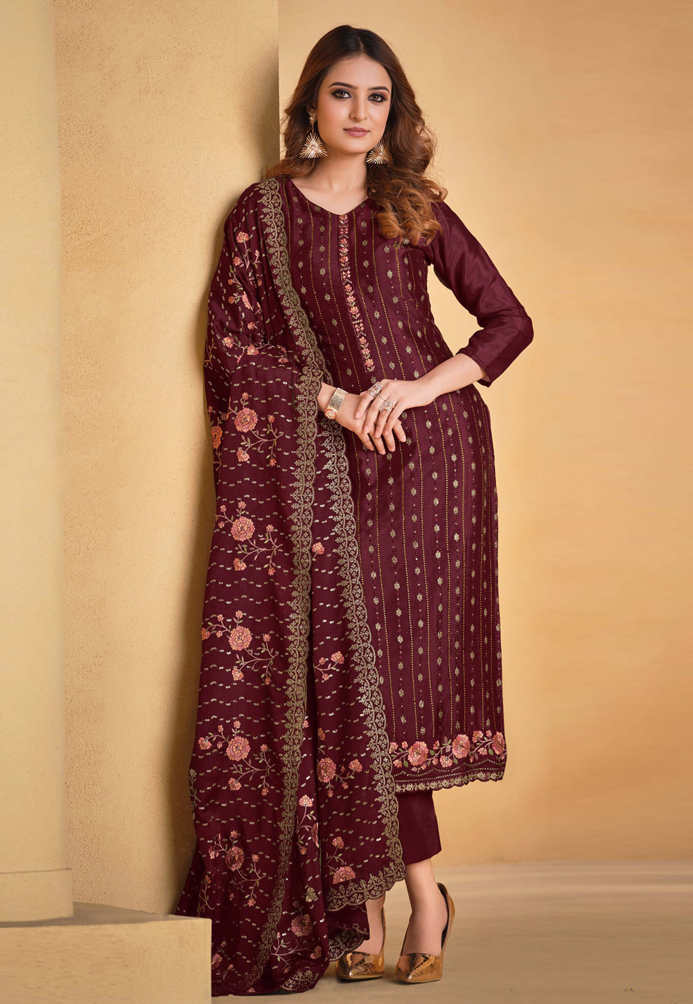 Maroon Chinon Pant Style Suit 275631