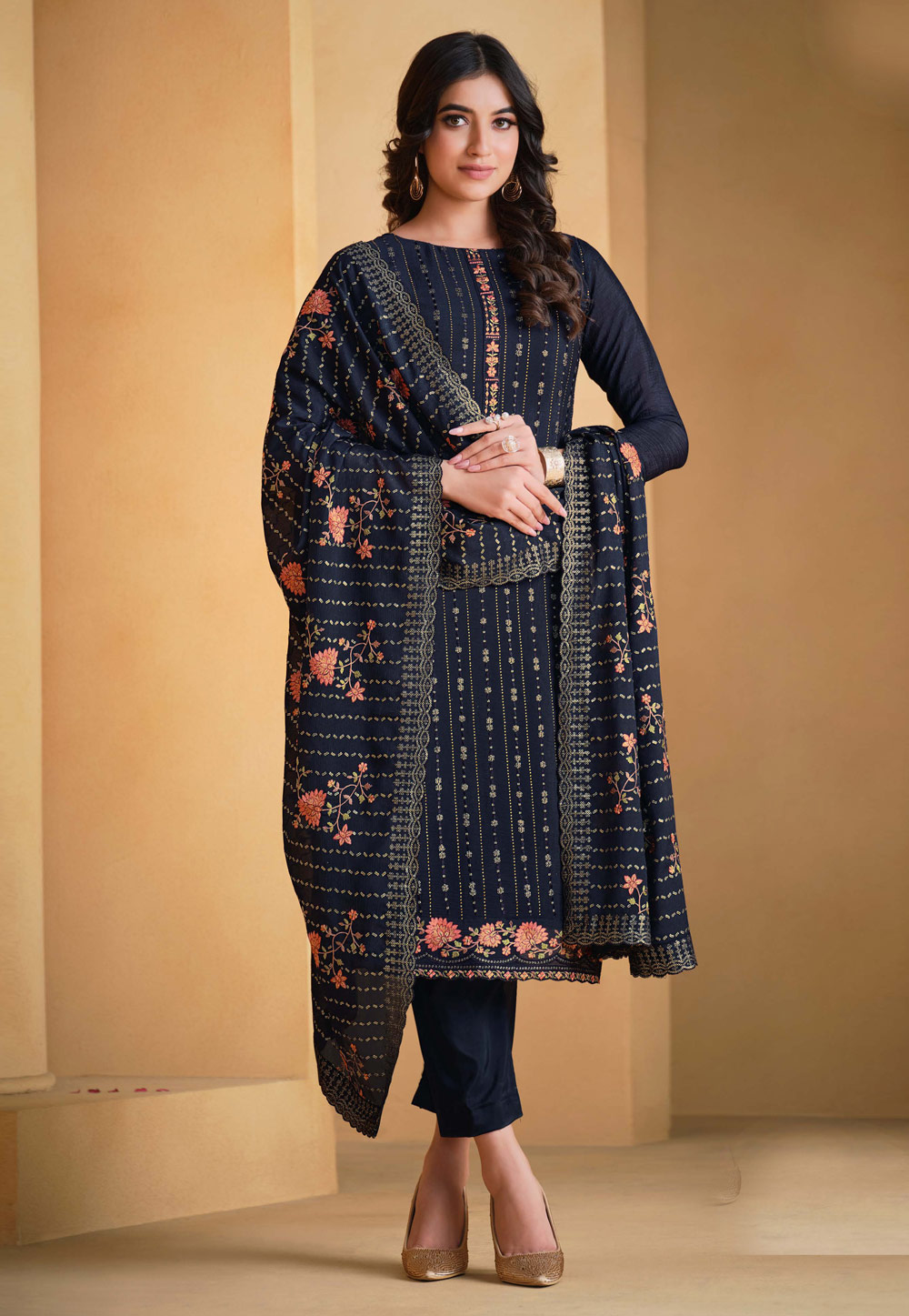 Navy Blue Chinon Pakistani Suit 275632