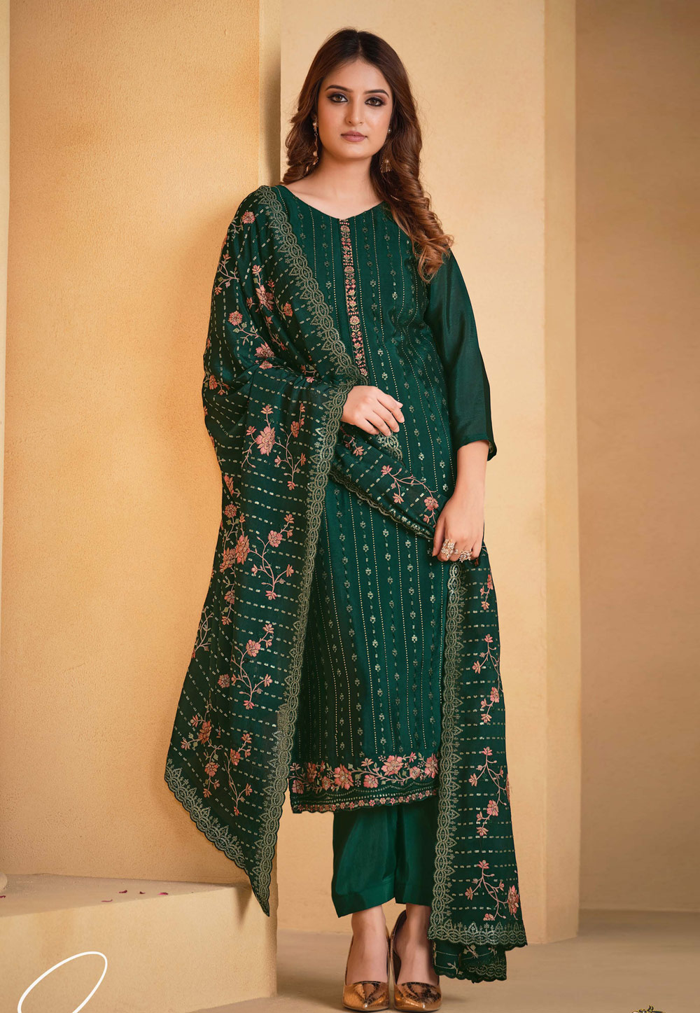 Green Chinon Kameez With Pant 275633