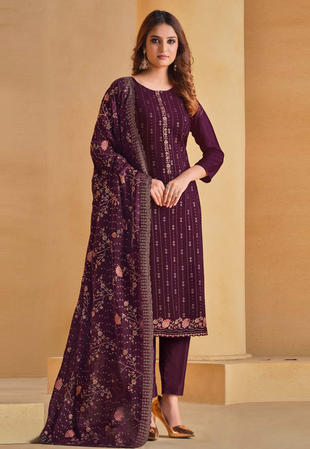 Purple Chinon Straight Suit 275635