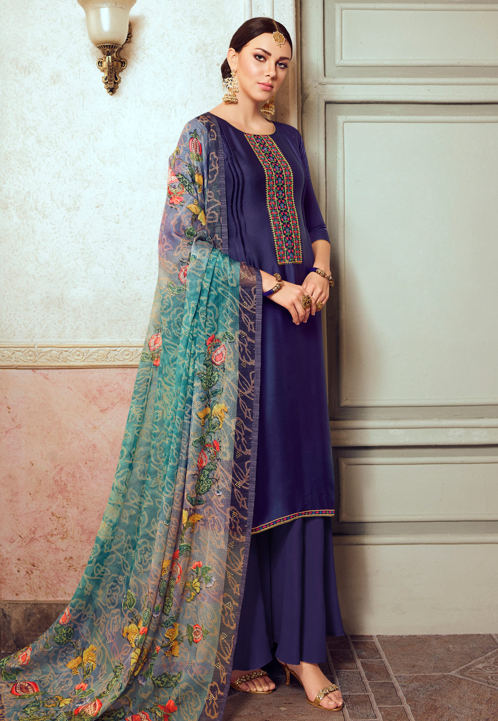 Navy Blue Satin Georgette Palazzo Suit 275623