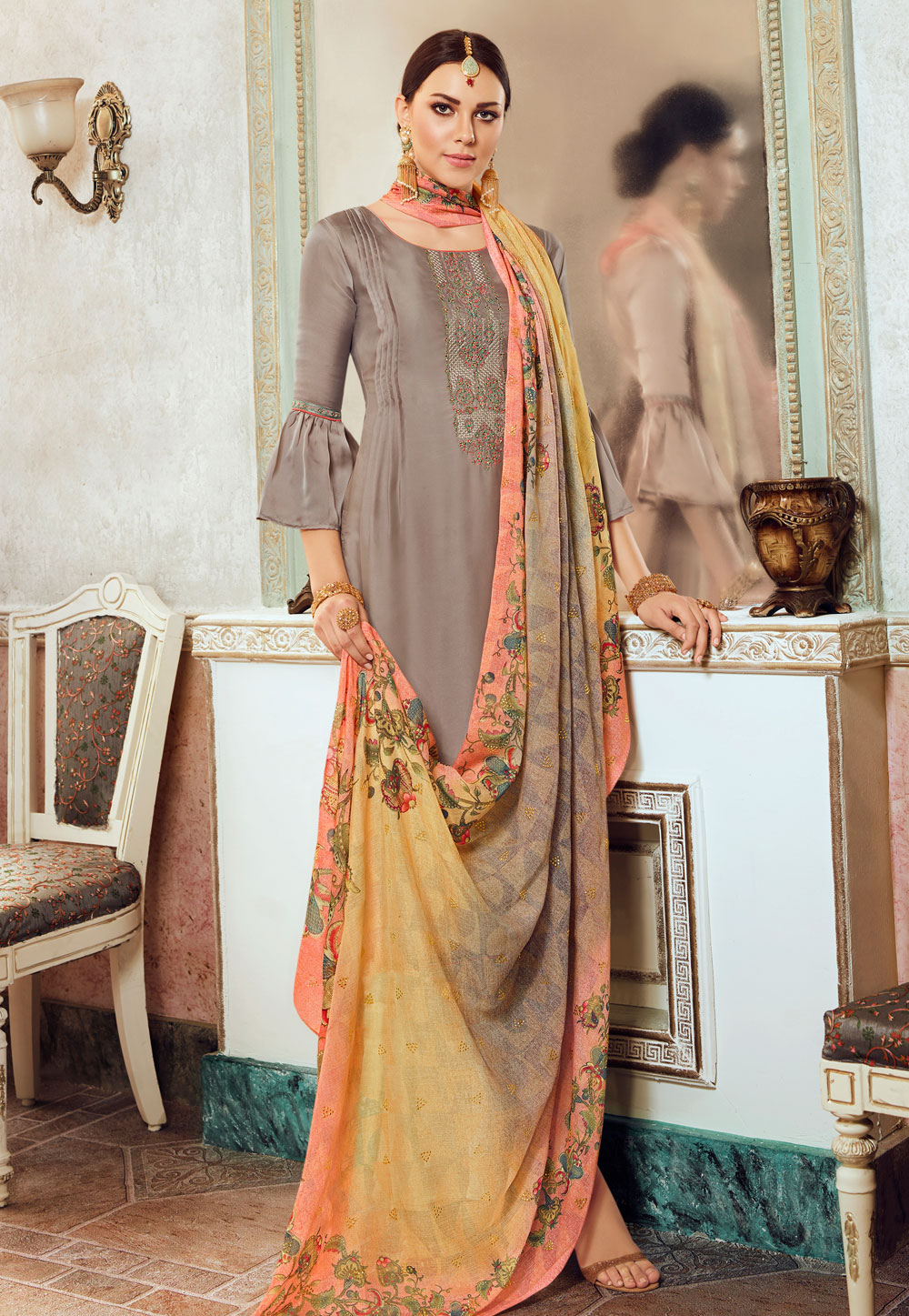 Brown Satin Georgette Pakistani Suit 275624