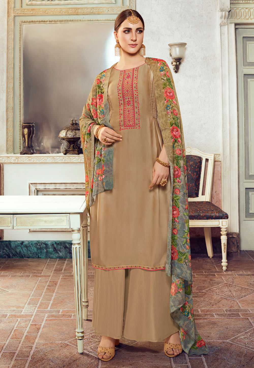 Beige Satin Georgette Palazzo Suit 275629
