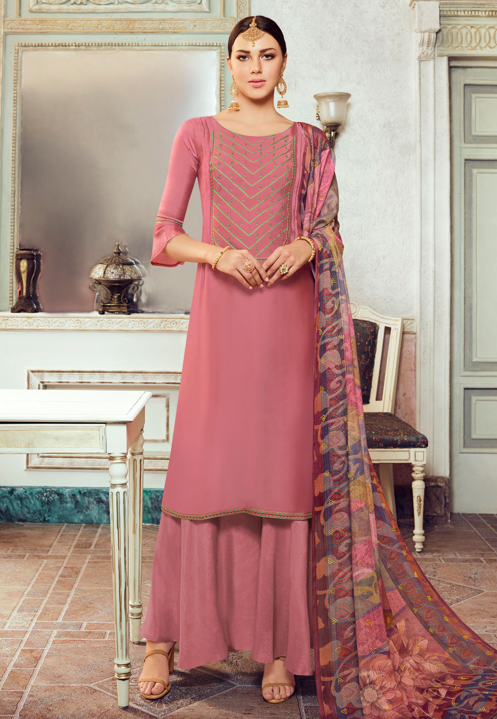 Pink Satin Georgette Pakistani Suit 275630