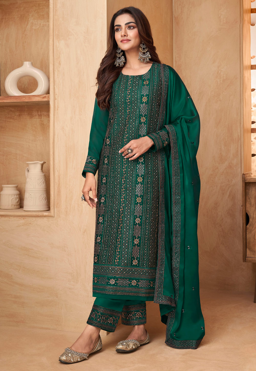Green Satin Georgette Straight Suit 277335