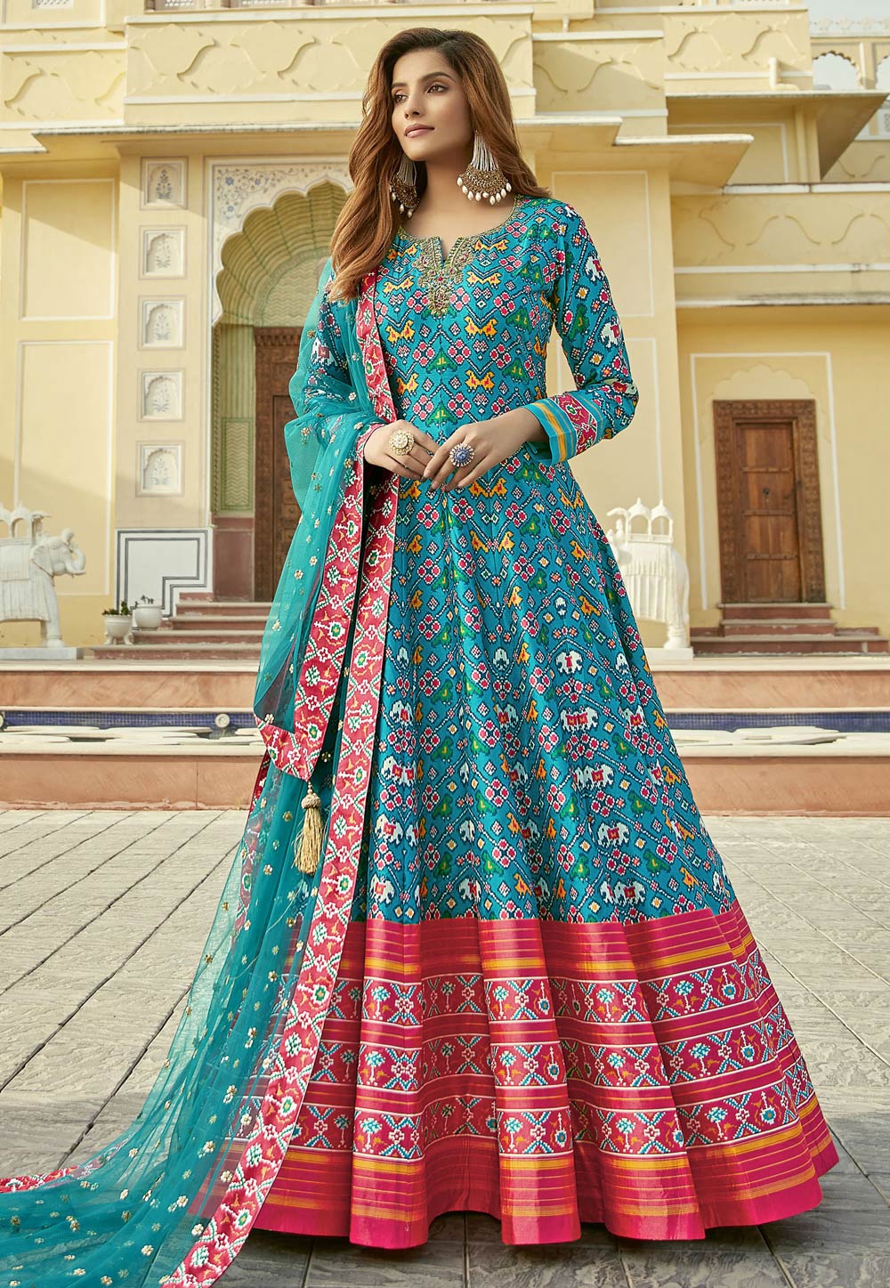 Sky Blue Silk  Printed Gown 261530