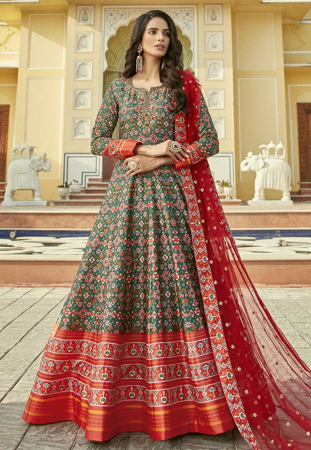 Green Silk  Printed Gown 261531