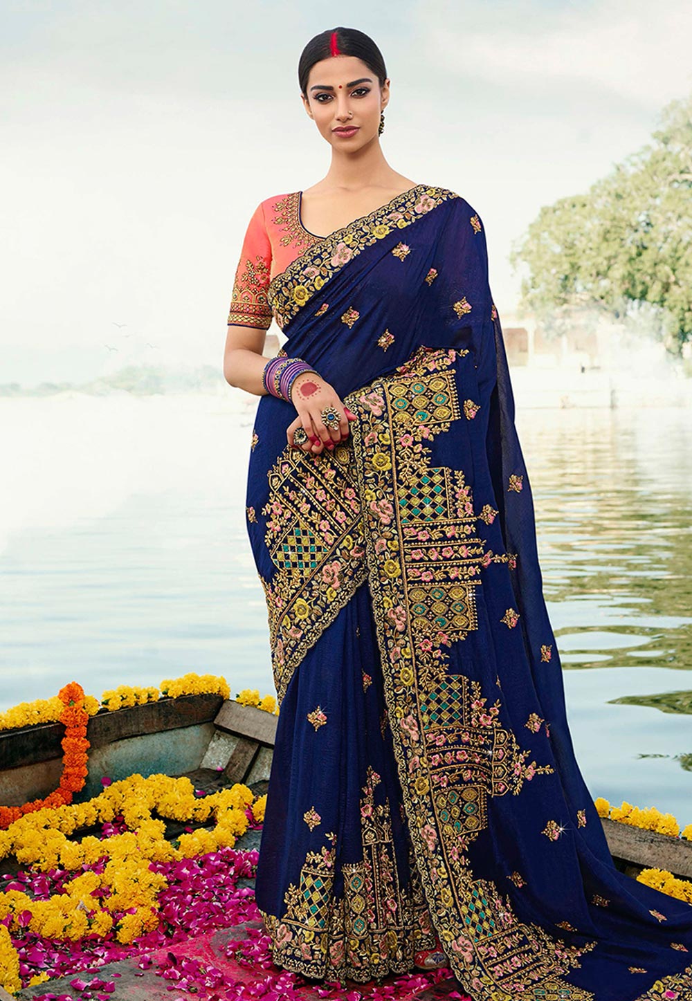 Blue Barfi Silk Embroidered Saree With Blouse 196240