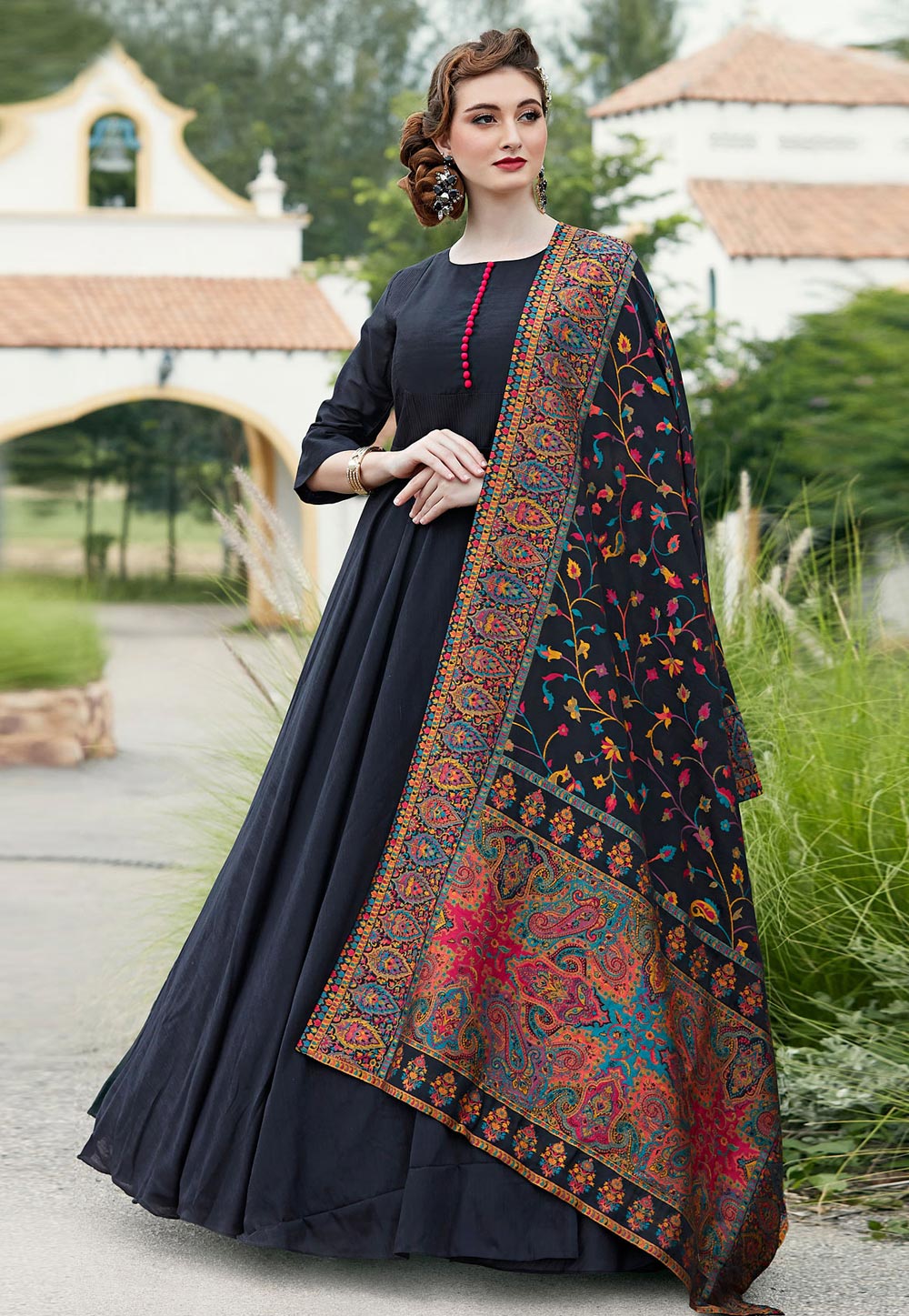Black Silk Readymade Long Anarkali Suit 190529