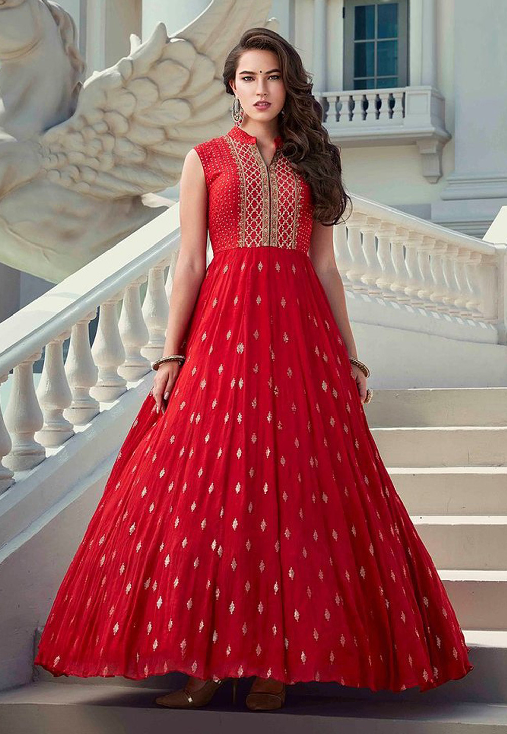 Red Georgette Readymade Ankle Length Anarkali Suit 210720