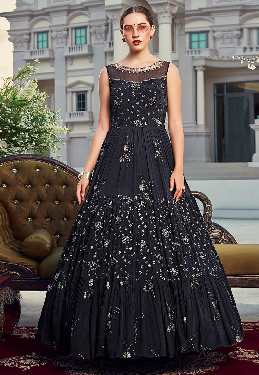Navy Blue Chinon Silk Readymade Ankle Length Anarkali Suit 210722