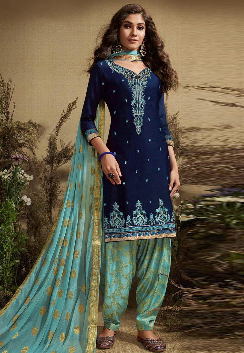 Navy Blue Satin Punjabi Suit 183557