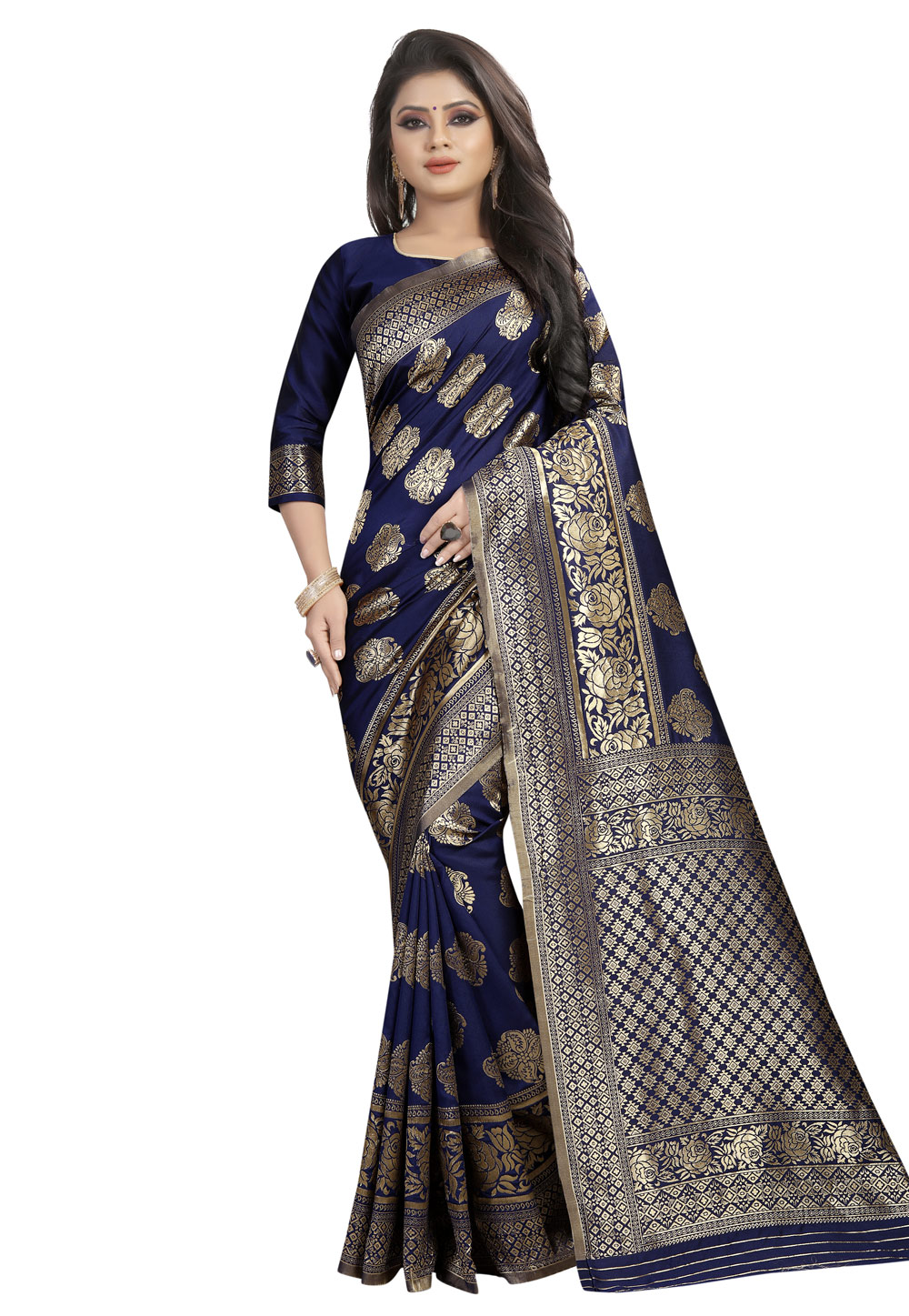 Navy Blue Silk Festival Wear Saree 166355