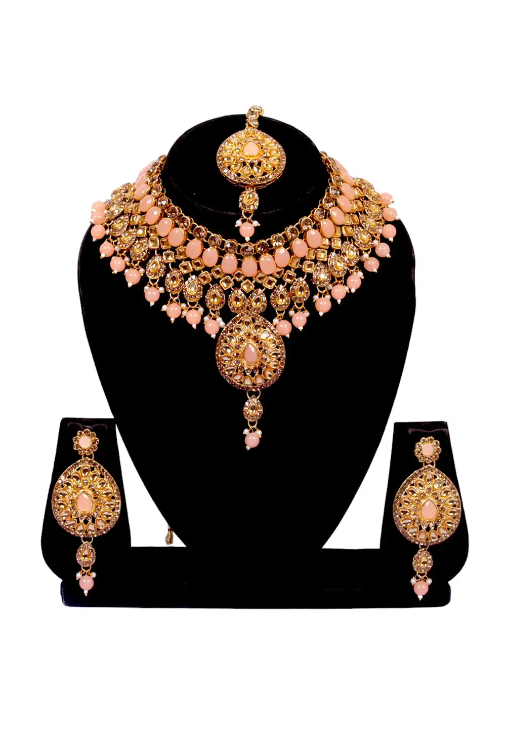 Peach Alloy Austrian Diamonds and Kundan Necklace Set With Earrings and Maang Tikka 292906