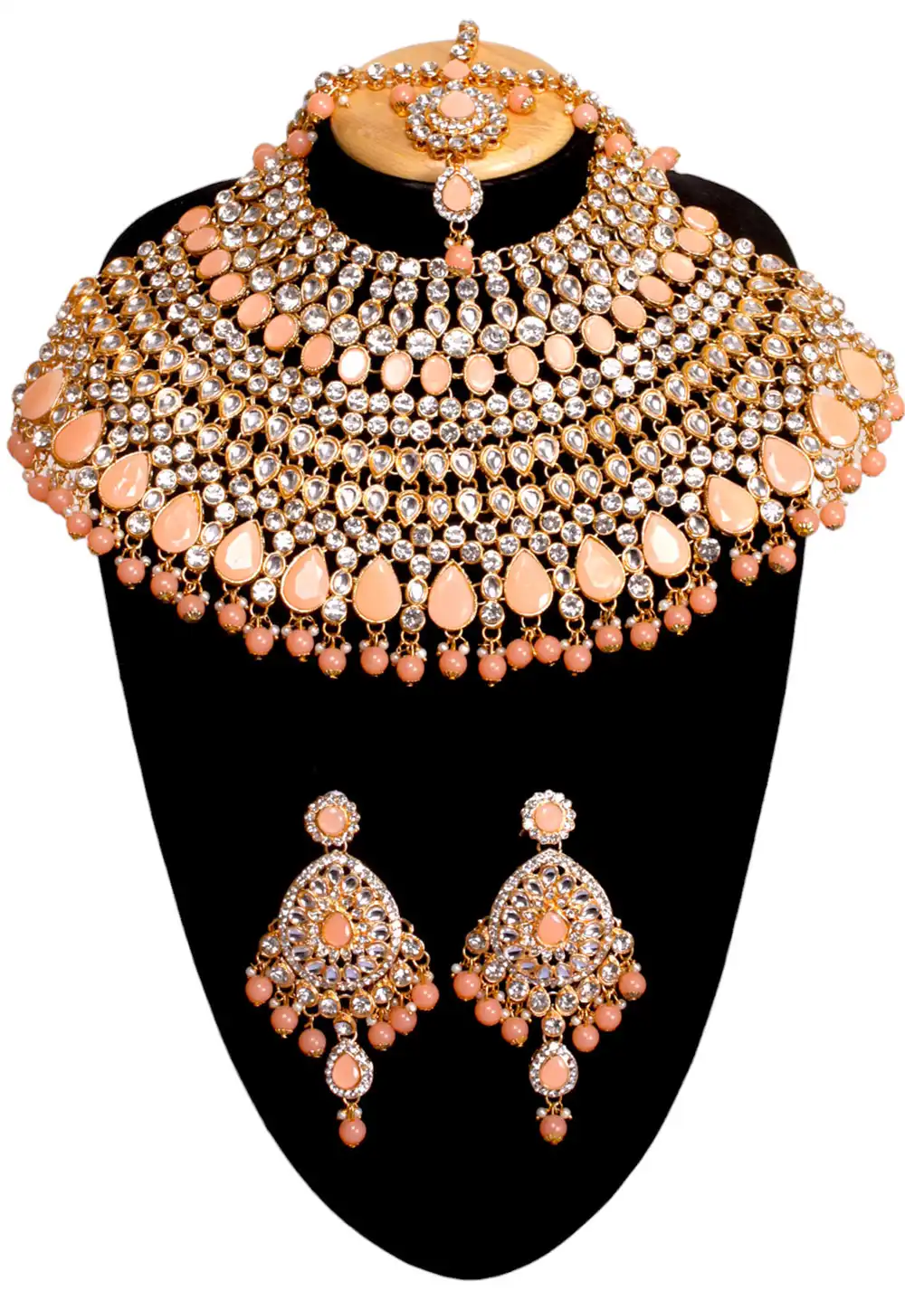 Peach Alloy Austrian Diamonds and Kundan Necklace Set With Earrings and Maang Tikka 292920