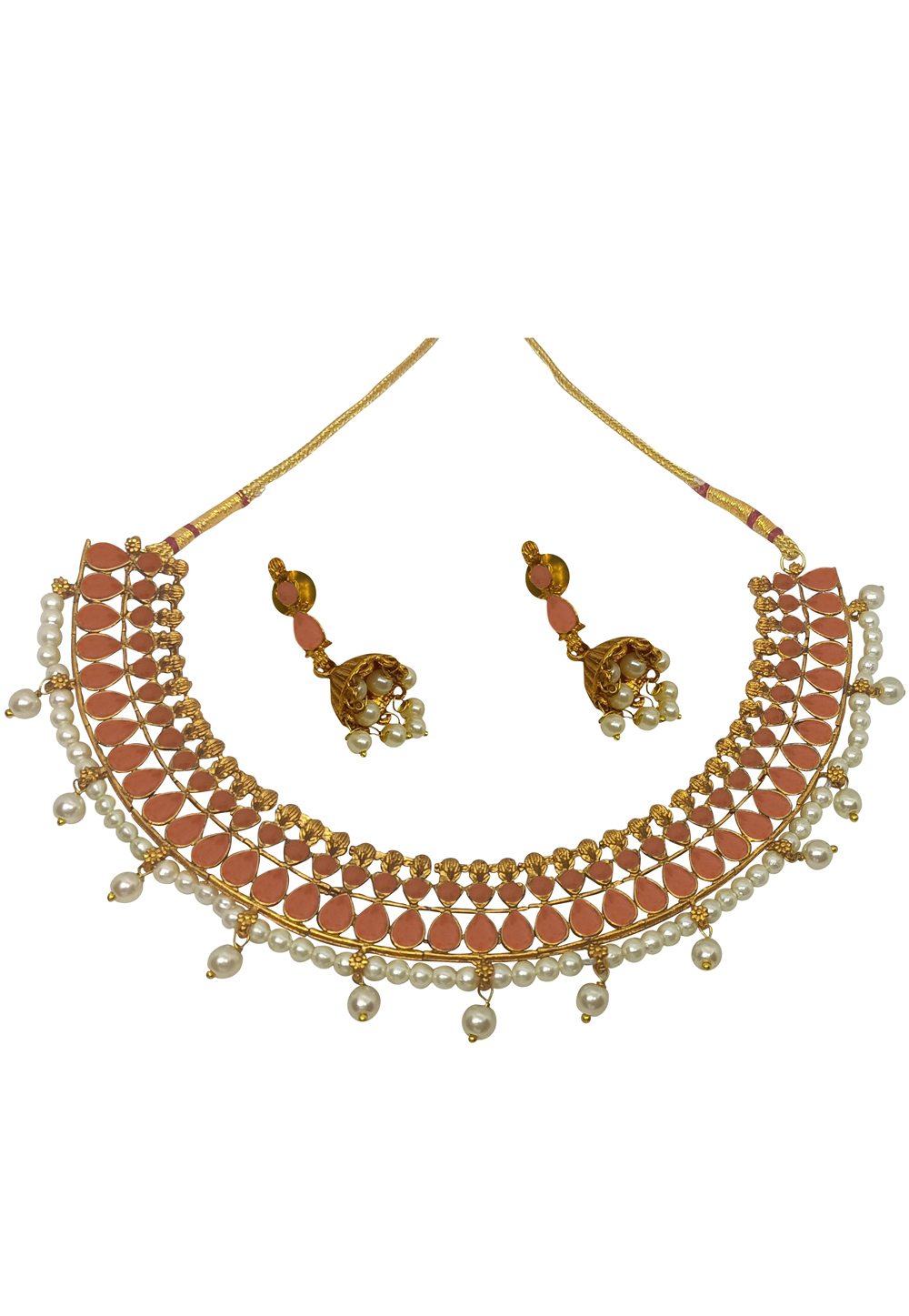 Peach Alloy Austrian Diamonds and Kundan Necklace With Earrings 280113