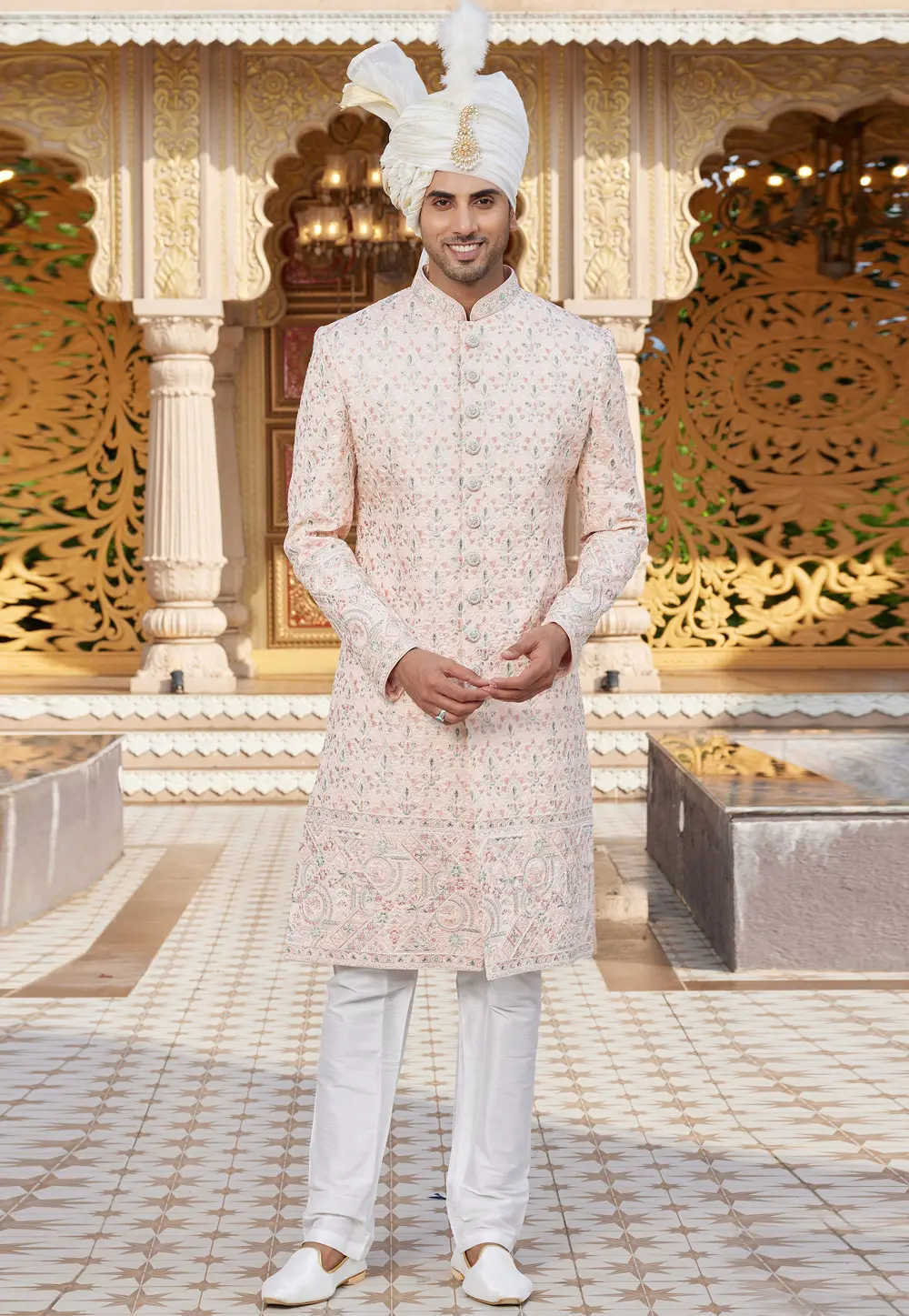 Peach Art Silk Achkan Style Sherwani 304322