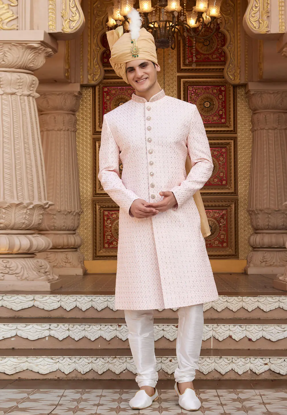 Peach Art Silk Achkan Style Sherwani 304325