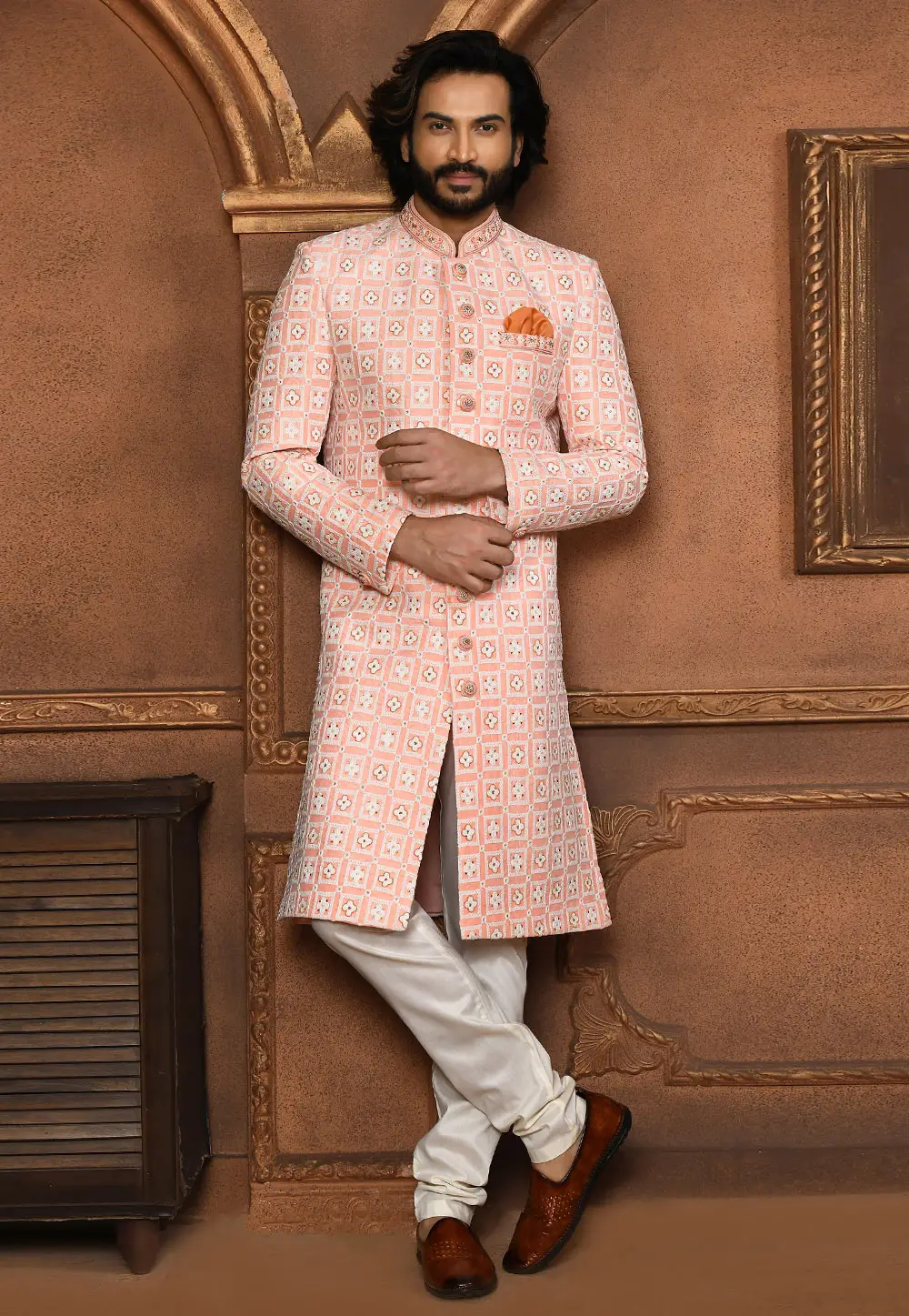 Peach Art Silk Achkan Style Sherwani 295457