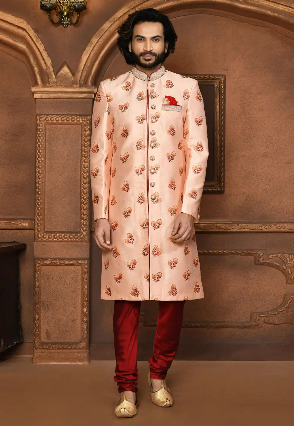 Peach Art Silk Achkan Style Sherwani 295463