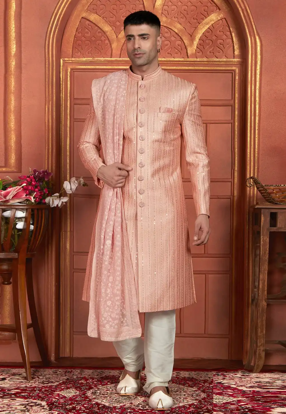 Peach Art Silk Achkan Style Sherwani With Stole 291304