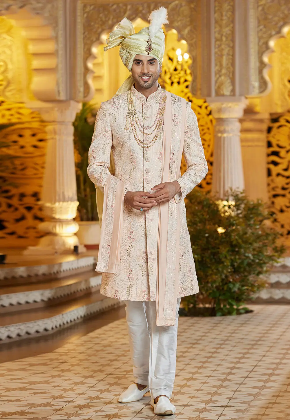 Peach Art Silk Achkan Style Sherwani With Stole 304326