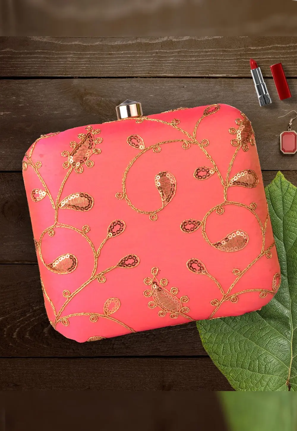 Peach Art Silk Clutch 300435