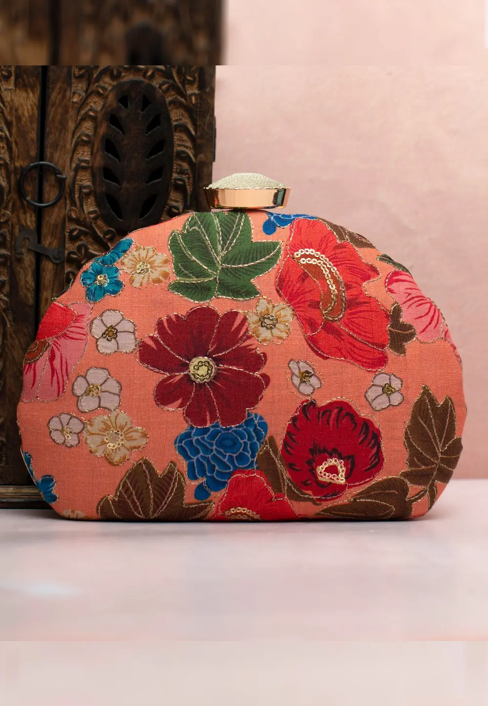 Peach Art Silk Clutch 300646