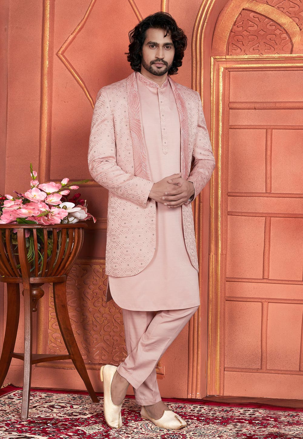 Peach Art Silk Indo Western Suit 285730