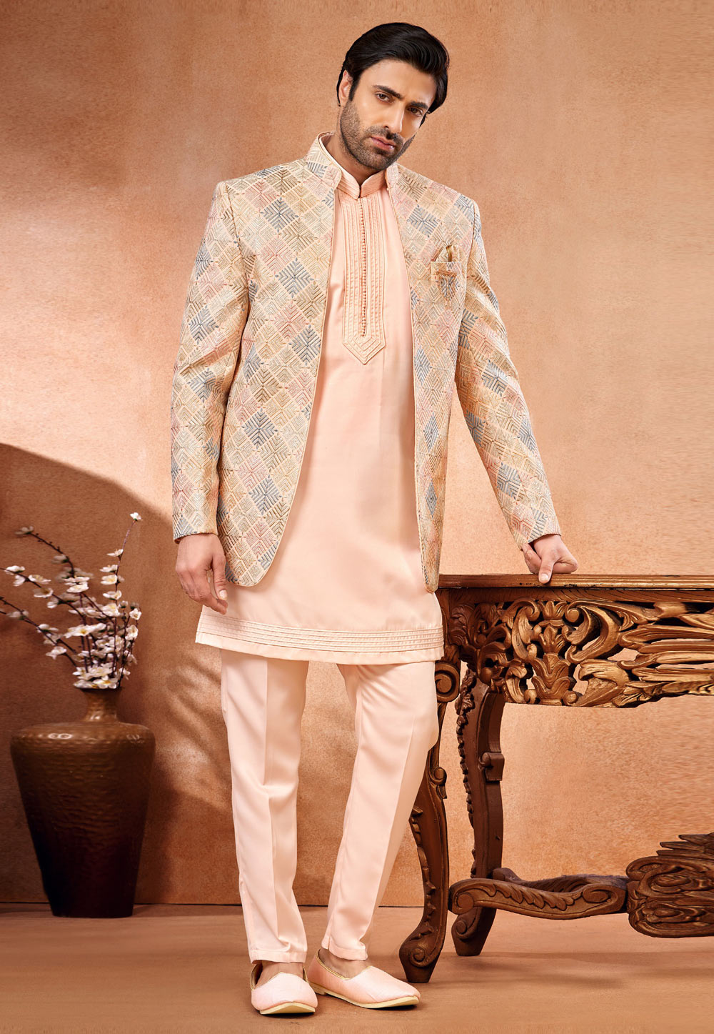 Peach Art Silk Indo Western Suit 280269