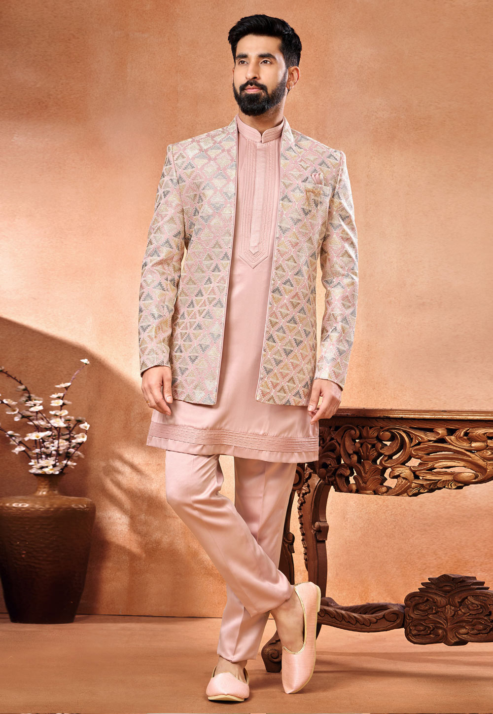 Peach Art Silk Indo Western Suit 280276