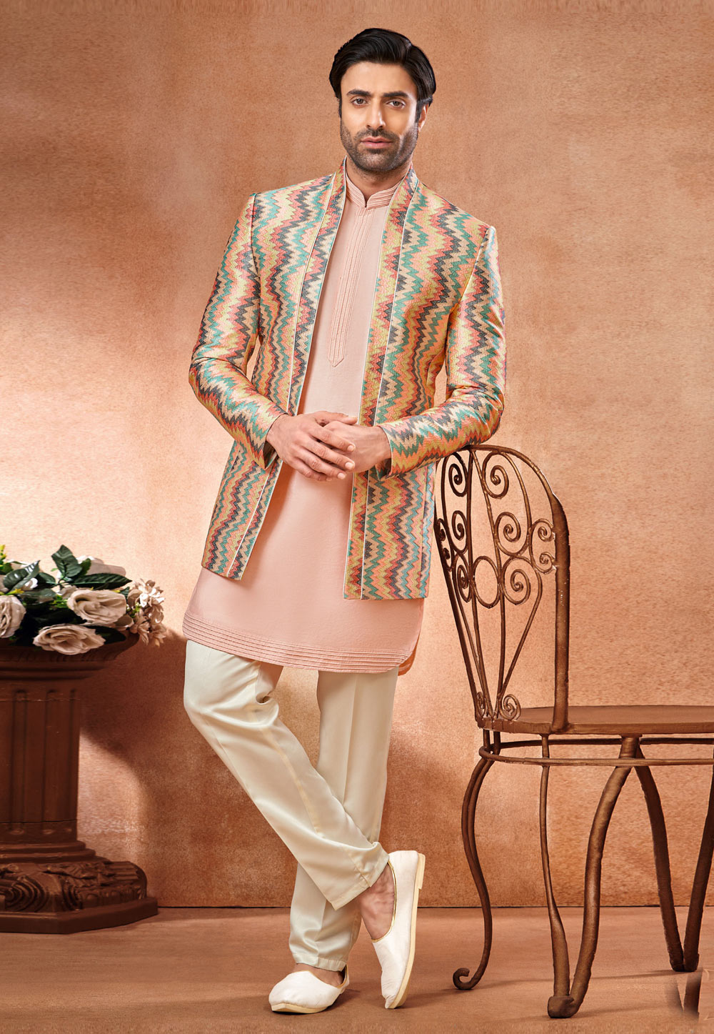 Peach Art Silk Indo Western Suit 280281