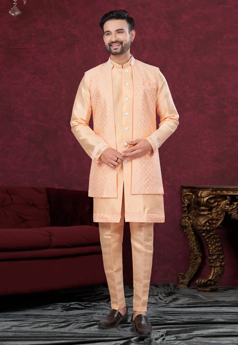 Peach Art Silk Indo Western Suit 294527