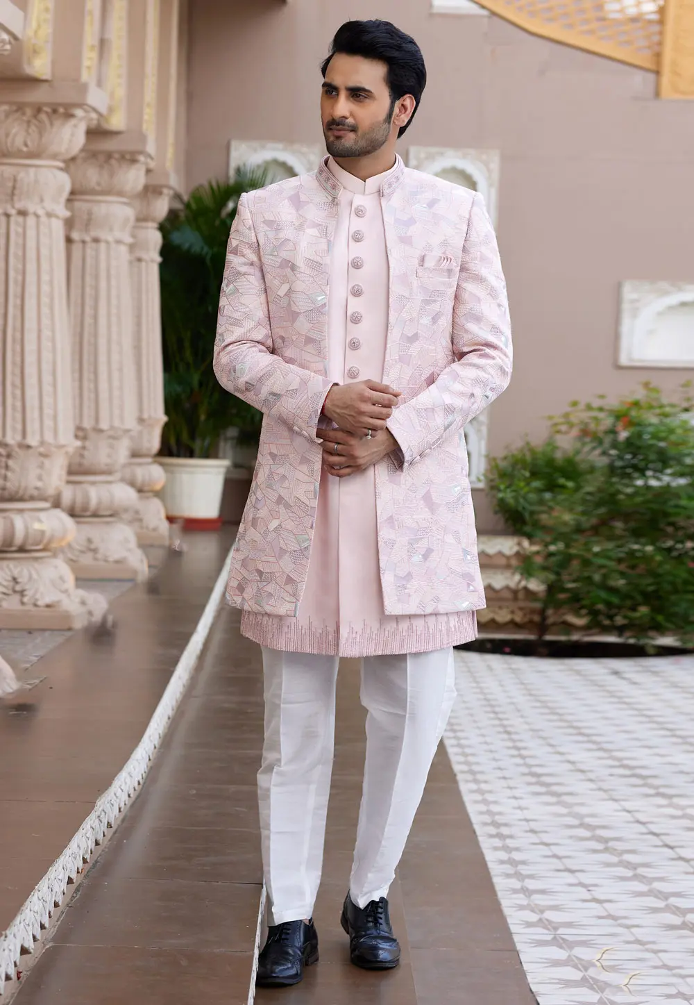 Peach Art Silk Jacket Style Sherwani 304338