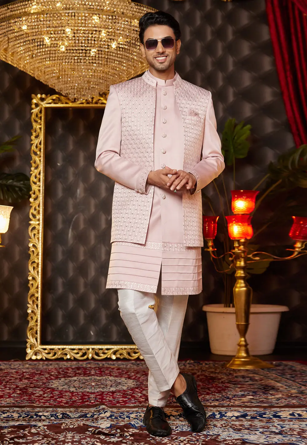 Peach Art Silk Jacket Style Sherwani 299186