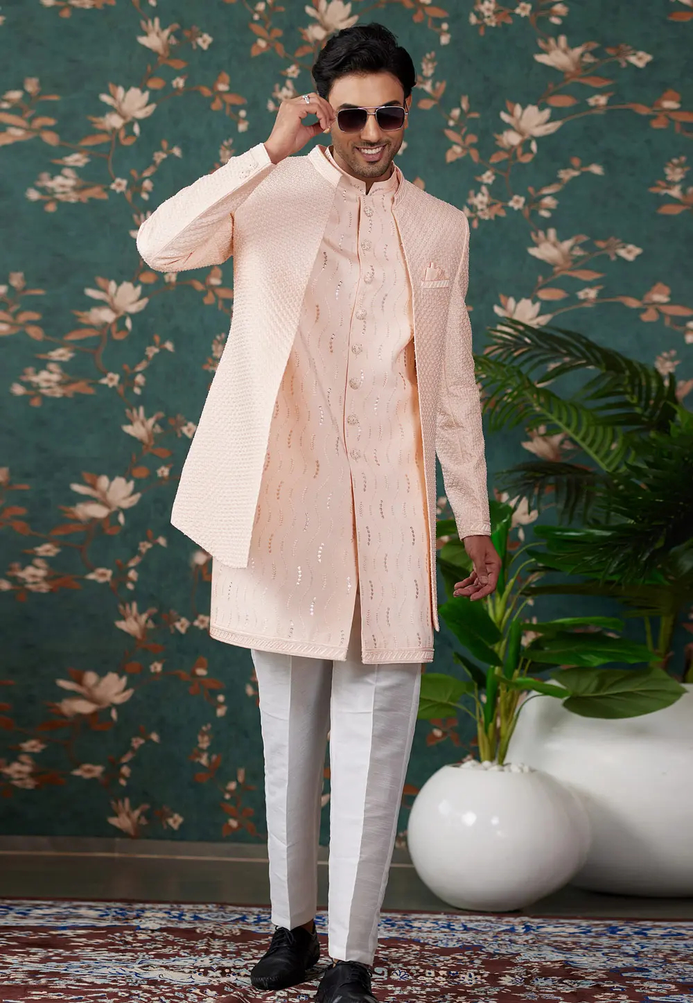 Peach Art Silk Jacket Style Sherwani 299204