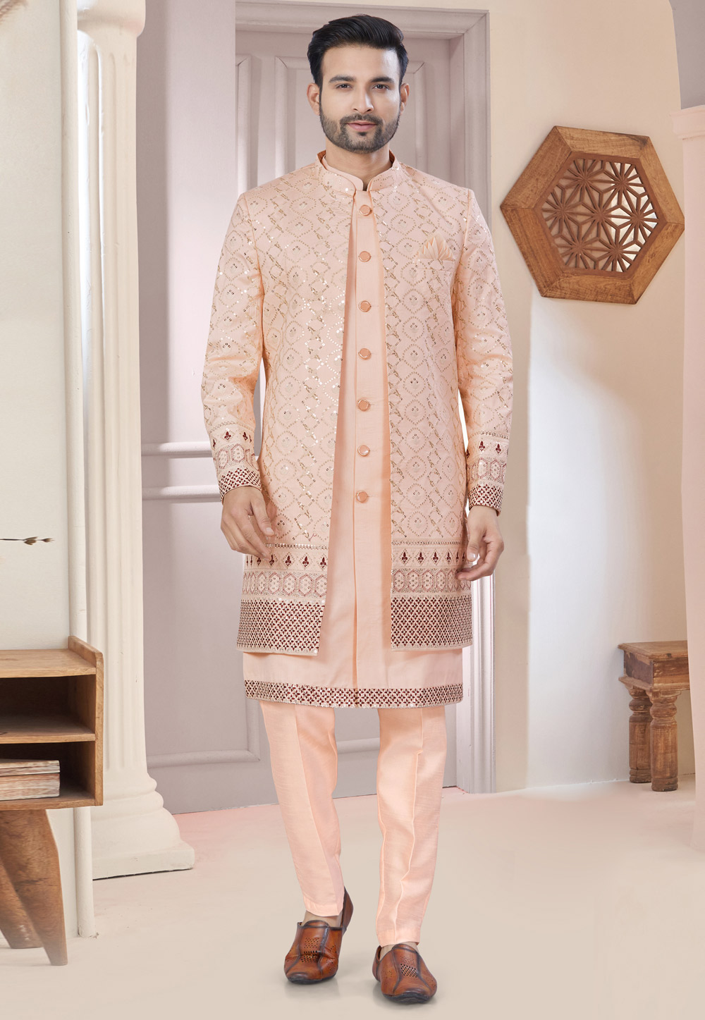 Peach Art Silk Jacket Style Sherwani 304932