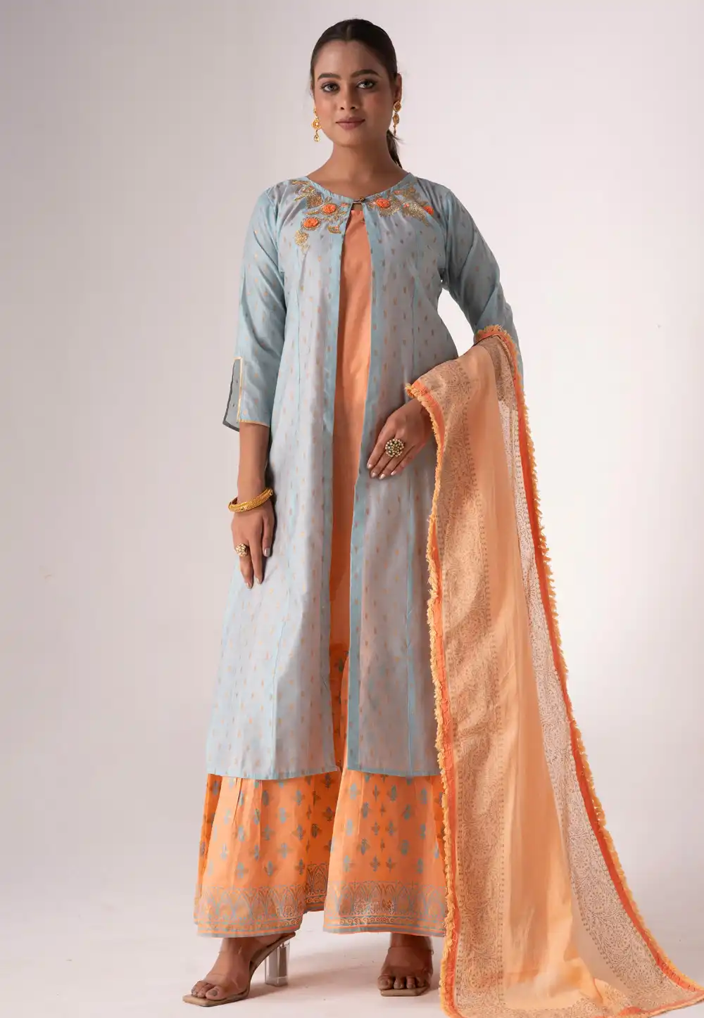 Peach Art Silk Jacket Style Suit 290398